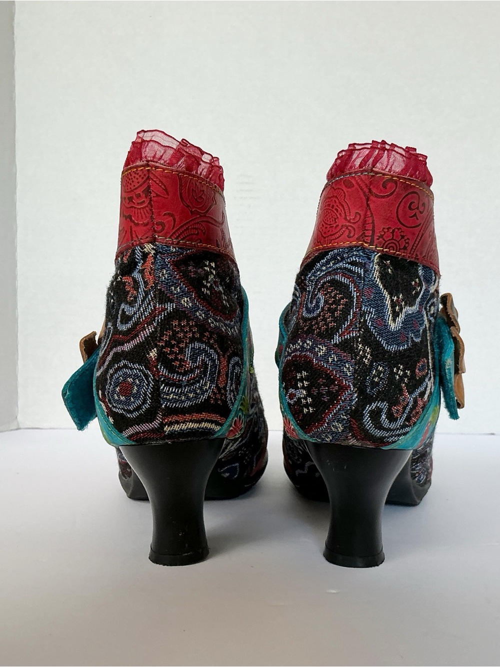 Socofy Floral Leather & Tapestry Ankle Bootie Pumps EU Size 41/US 10 - Picture 8 of 14